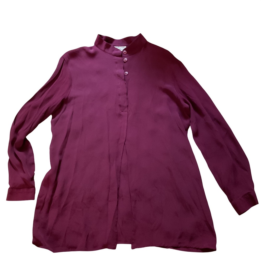 Stephanie Miller Burgundy Mandarin Collar Long Sleeve Blouse Wine Red Top